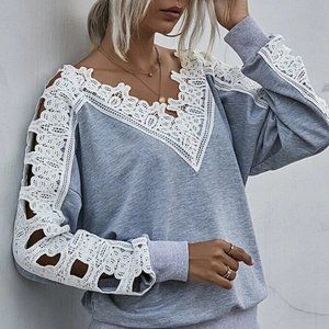 Light Gray Contrast Lace Cut Out Sweatshirt